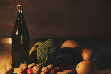 Healthy eating, vegetables, fruit and wine