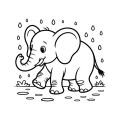 Cartoon elephant walking in the rain with raindrops and puddles line art animal vector illustration.