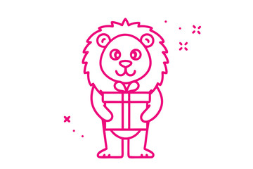 Cartoon pink lion holds a gift box with both hands on white backdrop