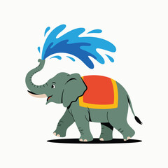 Cartoon elephant spraying water from trunk with red and yellow blanket.