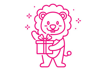 Cute pink outline lion waves while holding a gift box with a bow
