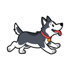 Cartoon husky dog running with tongue out and wearing a red collar with a medal playful vector illustration.
