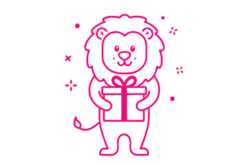 A cute pink lion outline character is holding a pink gift box on white
