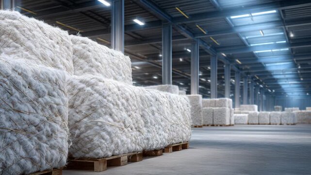 Rows of fluffy white cotton bales stacked neatly, soft diffused light from large warehouse windows highlighting fibers, metallic beams and industrial ceiling visible, modern textil