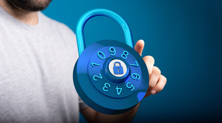 Hand holding a digital blue padlock combination on blue background, representing security, protection and digit