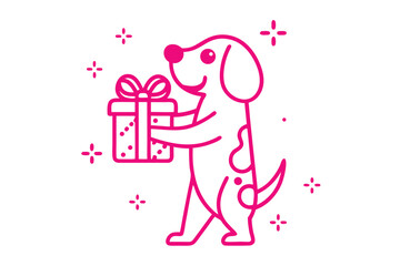 Cheerful cartoon dog is carrying a gift box outlined in bright pink color