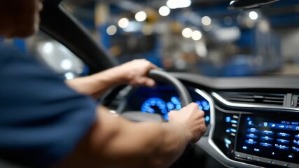 Silver car interior view during maintenance inside a pristine automotive service bay, dashboard lights glowing faintly, mechanic’s arm adjusting electronic panels, environment fill