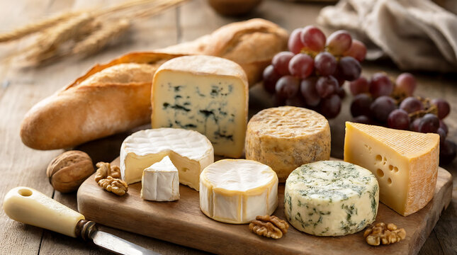 A rustic still life photograph featuring an artisanal selection of French cheeses arranged on a weathered wooden cutting board. The display includes creamy Camembert with its white bloomy rind, aged R