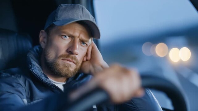 Sleep-deprived trucker fighting to stay awake while driving on an empty road, eyes struggling to focus, faint glow of digital speedometer reflecting on face, truck headlights pierc - Powered by Adobe
