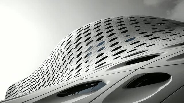 Monochrome building facade features repeating oval pattern on textured concrete wall, modern abstract geometric design with repeating shapes, lines, low angle perspective emphasize
