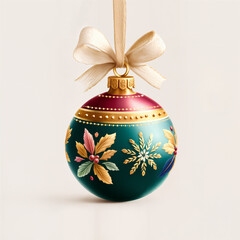Christmas ball with golden ribbon bow on a light background