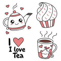 Cute tea time icons isolated on for your design and decoration