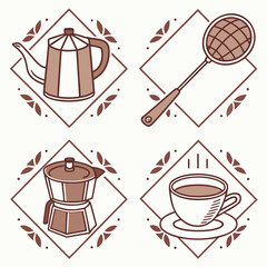 Coffee time icons isolated on moka pot, cup, strainer, teapot