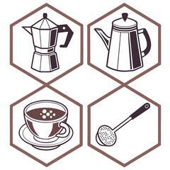 Coffee time icons isolated on moka pot, cup, strainer, teapot