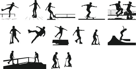 skatepark, silhouette, skateboarding, rollerblading, scooter, ramp, trick, motion, balance, sport, action, youth, freestyle, gear, ride