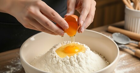 Woman chef hands mixing fresh dough with flour and eggs for baking a cake in the kitchen bowl