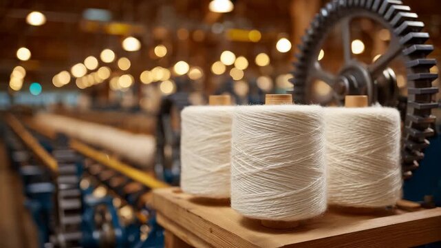Textile production environment with multiple wooden bobbins filled with cotton yarn, gears, pulleys, and belts in soft focus behind, warm yellow and metallic hues creating a handcr
