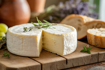 A close-up photograph of a wheel of authentic French chèvre cheese with its characteristic creamy white surface and soft, crumbly texture. The cheese sits on a rustic wooden cutting board, with a wedg