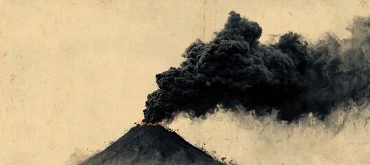 Dramatic Volcano Silhouette Erupting with Bold Black Smoke on Textured Background