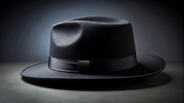 Black fedora hat on table with studio shot.