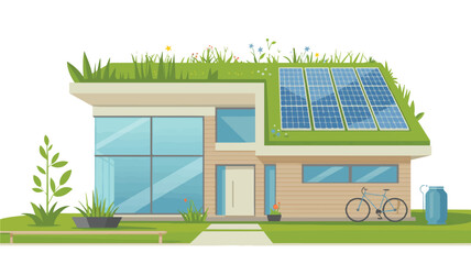 Modern eco house vector illustration with solar panels and green roof and front yard garden flat design style for website © MDMUKTADIR