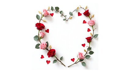 A love day background. A romantic Valentine's Day greeting card. A heart shape composed of red and pink roses intertwined with green leaves and small red hearts, set against a clean white background. 