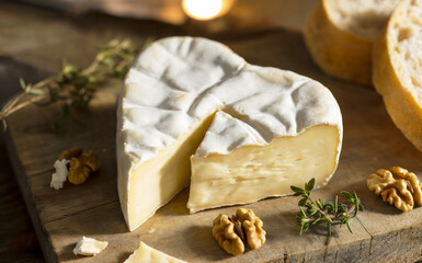 A close-up photograph of authentic French Neufchâtel cheese displayed on a rustic wooden cutting board. The heart-shaped white cheese has a distinctive bloomy rind with delicate fuzzy white mold, reve