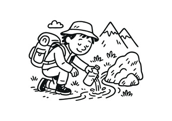 handdrawn cute doodle style hiker refilling bottle at mountain stream vector line illustration