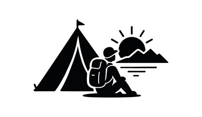 traveler watching sunrise from tent flat black solid vector illustration isolated on white background