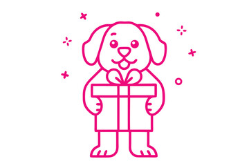 Cute pink cartoon dog proudly presents a gift box with cheerful confetti