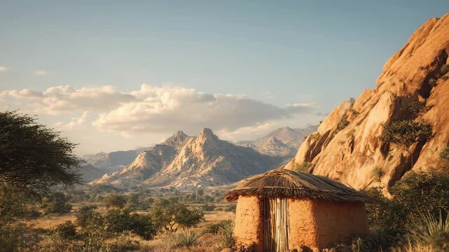 Traditional mud house in a mountainous landscape during sunset  