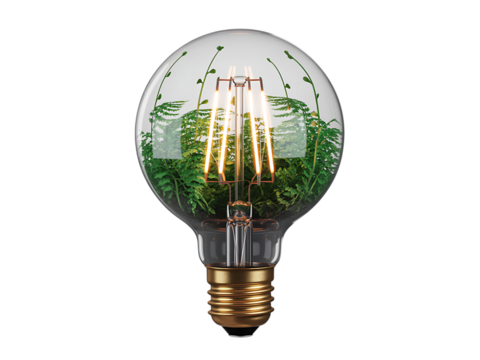 Filament light bulb with green plant isolated on transparent background - Powered by Adobe