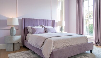 Lavender and Pearl Bedroom With Velvet Headboard and Stone Nightstands