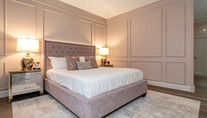 Dusty Rose and Champagne Bedroom With Boucle Bed Frame