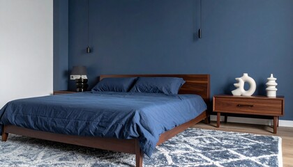 Deep Navy and Walnut Bedroom With Sculptural Lamps