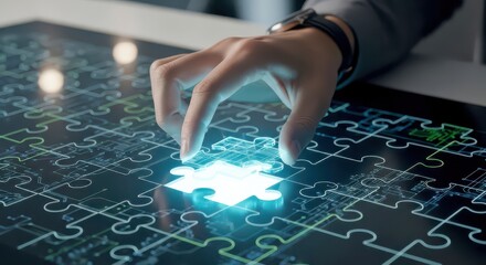 Hand placing glowing puzzle piece on digital puzzle board.