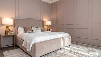 Dusty Rose and Champagne Bedroom With Boucle Bed Frame