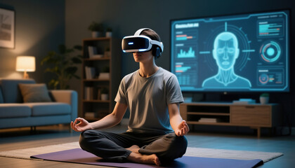 Young Man Meditating at Home Following Online Meditation App Tutorial on Smartphone