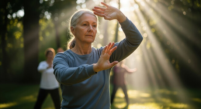 serene senior caucasian woman practicing tai chi in park with group at sunrise. sun rays create peaceful atmosphere. active aging, wellness, and mindfulness concept.