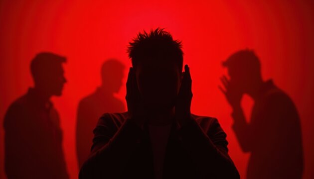 Silhouette of a person covering ears surrounded by shadowy figures whispering against red light, concept of mental stress, anxiety, paranoia or intrusive thoughts