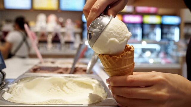 Scooping delicious vanilla ice cream into a crispy waffle cone at a vibrant dessert shop.