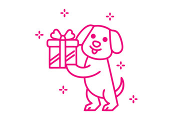 A cute pink dog is standing and holding a present with bow graphic