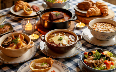 A beautifully arranged French dining table showcasing an elegant spread of classic dishes in rustic ceramic bowls and plates. The centerpiece features a steaming bowl of French onion soup with melted