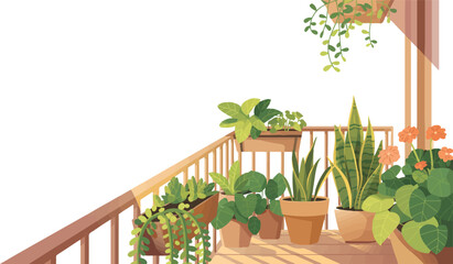 Exterior veranda with plants in pots terrace with flowers porch greenery potted plants outside home decor design flower pots front yard vector illustration