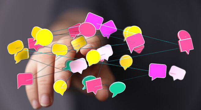 Abstract hand holding connected speech bubbles, concept of communication, social media, network, message, conne