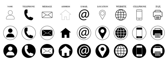 Essential contact icons collection in three versatile styles for web, print, and mobile design