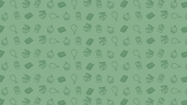 Repeating pattern of cartoon food icons on a green background perfect for kitchen products, food packaging, kids items, menu design.