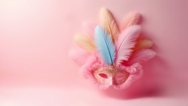 A close-up shot of a pink masquerade mask on a pink background.