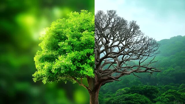 Split image shows tree contrast vibrant green growth versus barren dead branches, represents environmental change, climate crisis, drought impact on nature, sustainability, planeta