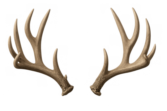 Deer antlers isolated on transparent background, symmetrical hunting trophy and rustic wildlife emblem for design and decoration